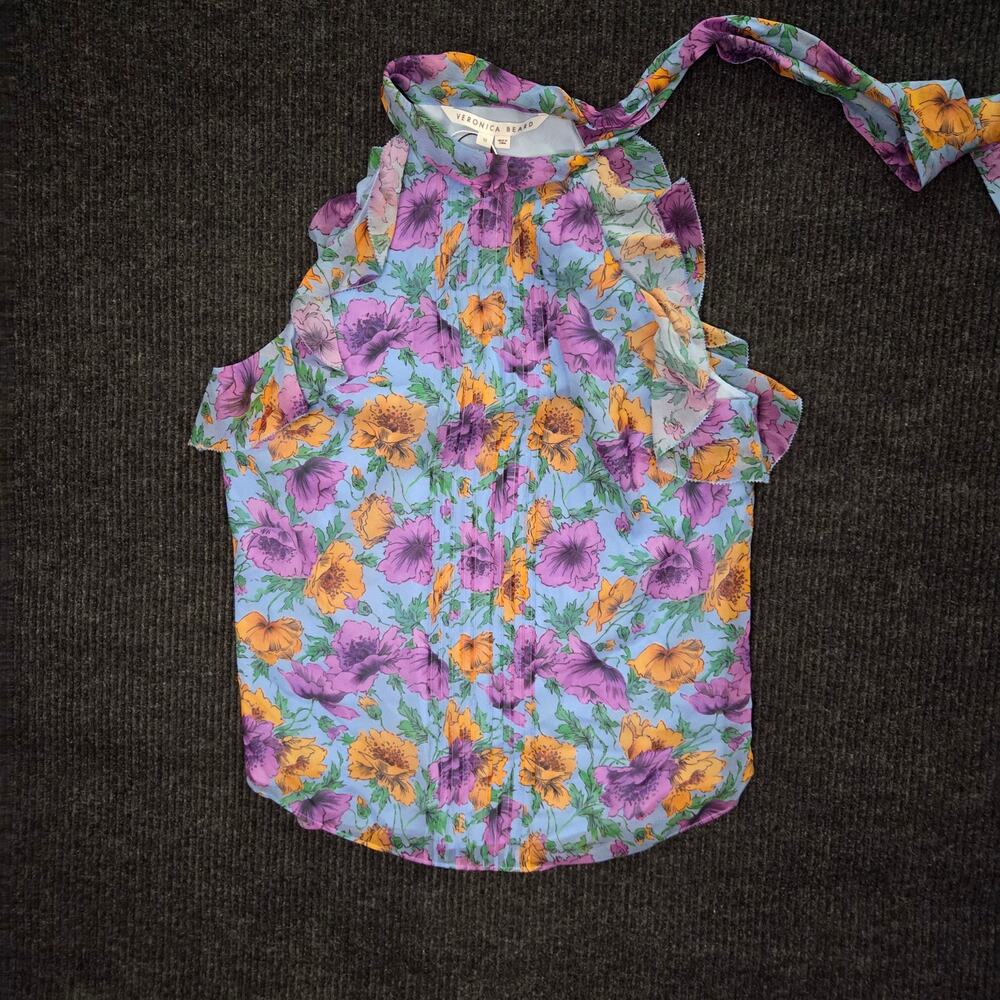 NWT Veronica Beard Dali Silk Top 10 Lake Blue Multi Foral Halter Tie Neck $398